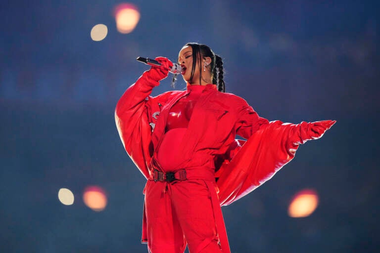 Rihanna singing during Super Bowl halftime show