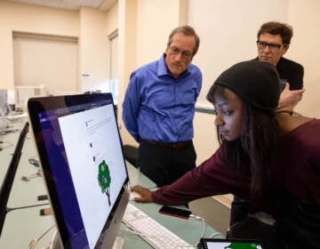 A student looks at a screen as two professors look on behind her.