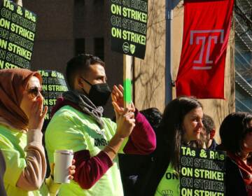 Temple University graduate students rally for better wages.