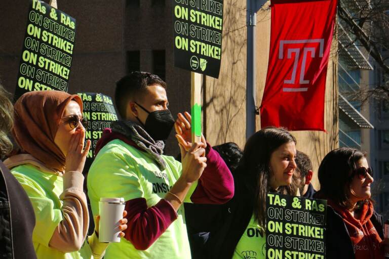 Temple University graduate students rally for better wages.