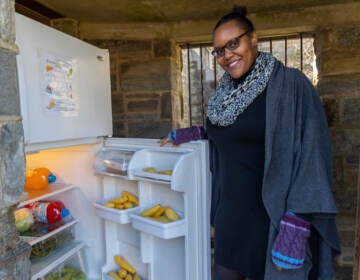 Nicole Williams smiles, posing for a photo next to the open door of the community fridge.