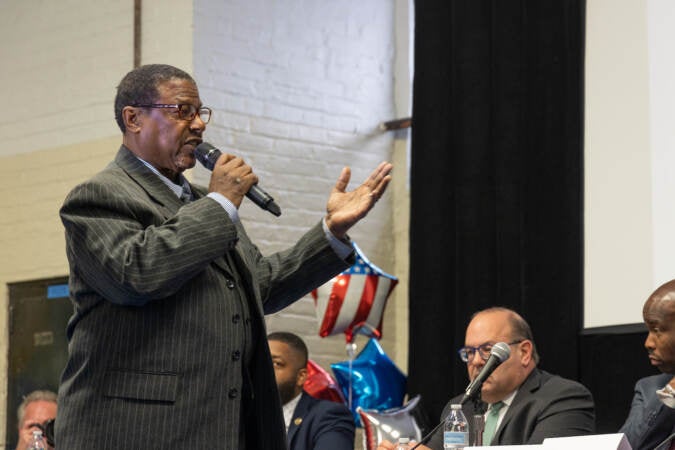 Philadelphia mayoral candidate Warren Bloom answers Gloria Casarez students’ questions on safety in school buildings and in the Kensington neighborhood at a forum