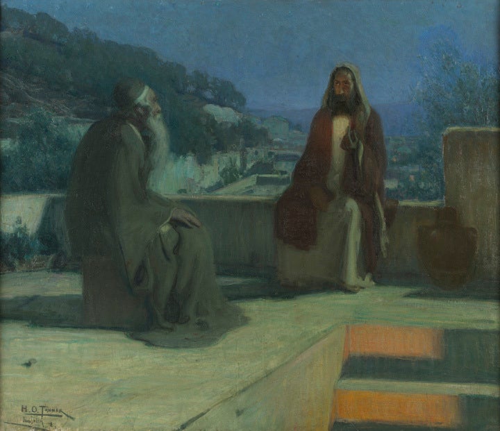The painting of Jesus is Henry Ossawa Tanner’s ''Nicodemus'' 