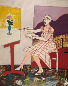 The painting of the white woman in studio is Joan Brown’s ''Self-Portriat'' 