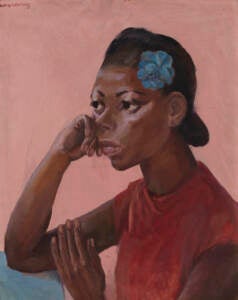 The painting of the Black woman is Laura Wheeler Waring’s ''The Study of a Student'' (c. 1940s), from the collection of the Pennsylvania Academy of the Fine Arts.
