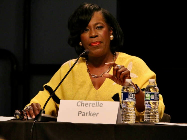 File photo: Mayoral candidate Cherelle Parker participates in the Restoring Safety Forum at WHYY. (Emma Lee/WHYY)