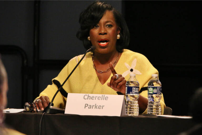 Mayoral candidate Cherelle Parker participates in the Restoring Safety Forum at WHYY.