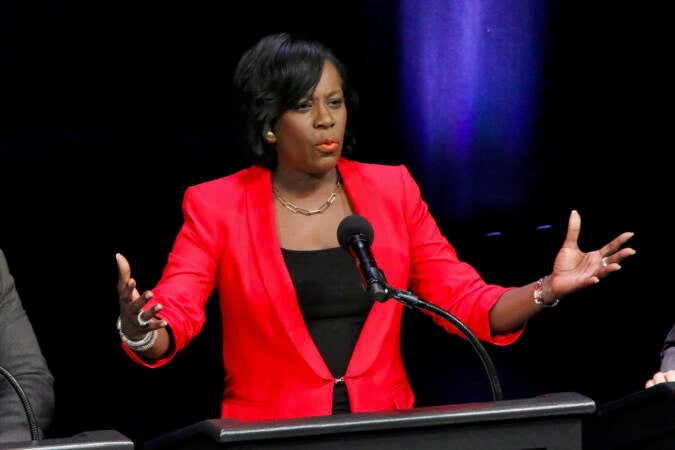 Mayoral candidate Cherelle Parker answers a question during a forum on the performing arts and cultural economy at the Kimmel Center. (Emma Lee/WHYY)