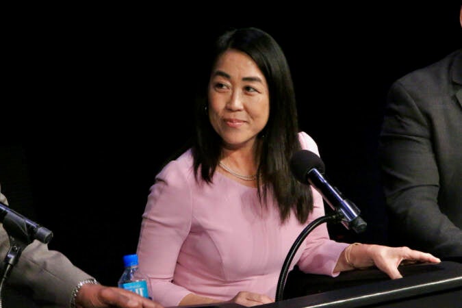 Mayoral candidate Helen Gym answers a question during a forum on the performing arts and cultural economy at the Kimmel Center. (Emma Lee/WHYY)