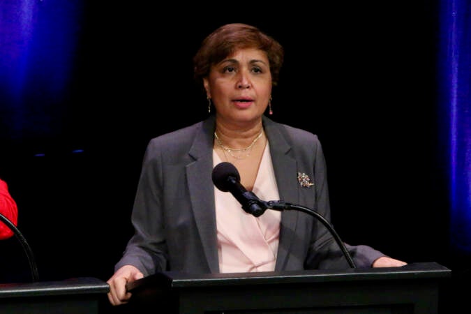 Mayoral candidate Maria Quiñones Sánchez answers a question during a forum on the performing arts and cultural economy at the Kimmel Center. (Emma Lee/WHYY)