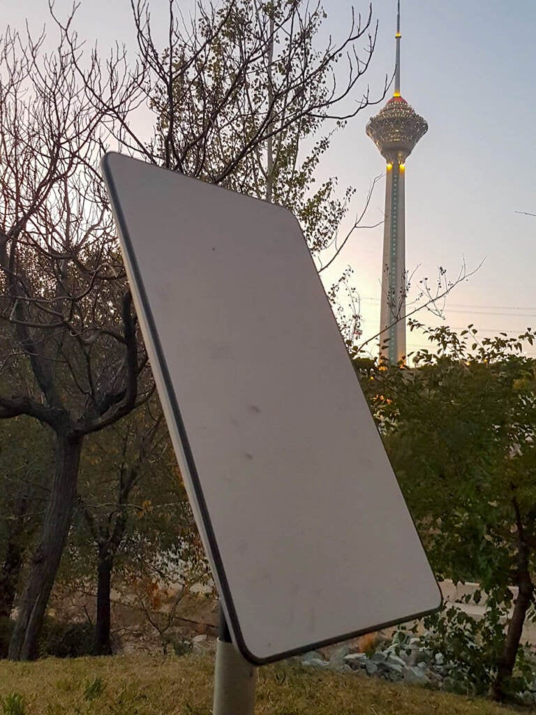 A Starlink terminal set up near Tehran’s Milad Tower.