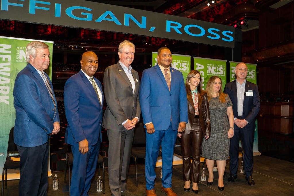 N.J. Gov. Phil Murphy (third from left) and First Lady Tammy Murphy (third from right) took the stage at NJPAC’s Prudential Hall, NJPAC President and CEO John Schreiber, Newark Mayor Ras J. Baraka, Asbury Park Mayor John Moor, and Atlantic City Mayor Marty Small to announce the North to Shore Festival