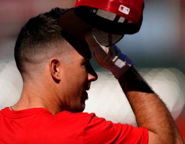 File photo: Philadelphia Phillies catcher J.T. Realmuto takes part in batting practice before Game 3 of baseball's National League Division Series against the Atlanta Braves, Friday, Oct. 14, 2022, in Philadelphia