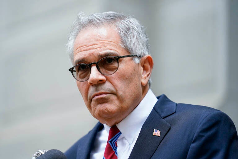 Philadelphia District Attorney Larry Krasner speaks with members of the media during a news conference in Philadelphia