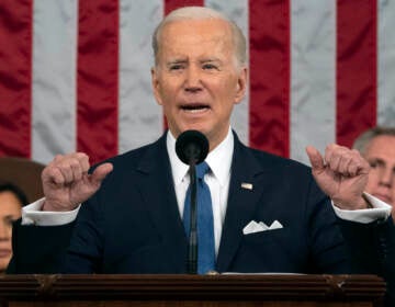 President Joe Biden delivers the State of the Union address to a joint session of Congress at the U.S. Capitol, Feb. 7, 2023, in Washington, as Vice President Kamala Harris and House Speaker Kevin McCarthy of Calif., listen