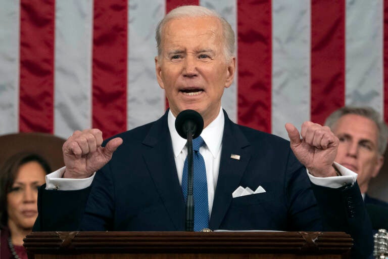 President Joe Biden delivers the State of the Union address to a joint session of Congress at the U.S. Capitol, Feb. 7, 2023, in Washington, as Vice President Kamala Harris and House Speaker Kevin McCarthy of Calif., listen