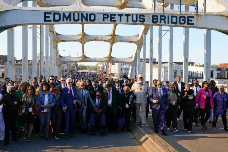 President Joe Biden walks across the Edmund Pettus Bridge in Selma, Ala., Sunday, March 5, 2023, to commemorate the 58th anniversary of ''Bloody Sunday,'' a landmark event of the civil rights movement