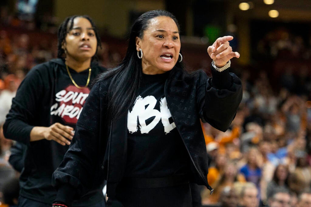 South Carolina's coach Dawn Staley argues a call during their game against Tennessee in the second half of the championship game of the Southeastern Conference women's tournament in Greenville