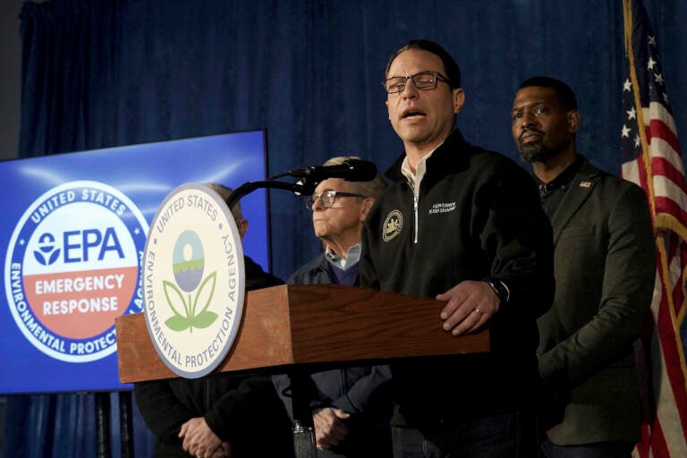 Pennsylvania Gov. Josh Shapiro speaks during a news conference in East Palestine, Ohio