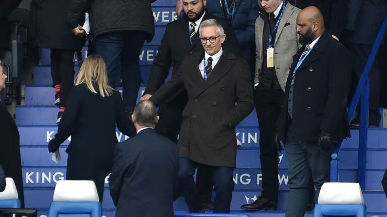 BBC's Match of the Day presenter Gary Lineker (center) arrives to King Power stadium prior to the English Premier League soccer match between Leicester City and Chelsea in Leicester