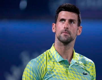 Serbia's Novak Djokovic looks up during the quarterfinals of the Dubai Duty Free Tennis Championships in Dubai, United Arab Emirates