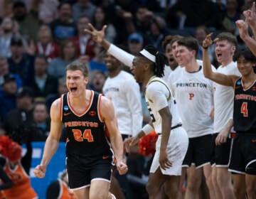 Princeton guard Blake Peters (24) screams after making a 3-point shot in the second half of the team's second-round college basketball game against Missouri in the men's NCAA Tournament, Saturday, March 18, 2023, in Sacramento