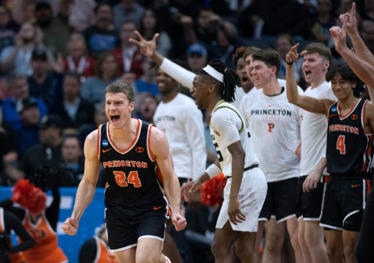 Princeton guard Blake Peters (24) screams after making a 3-point shot in the second half of the team's second-round college basketball game against Missouri in the men's NCAA Tournament, Saturday, March 18, 2023, in Sacramento