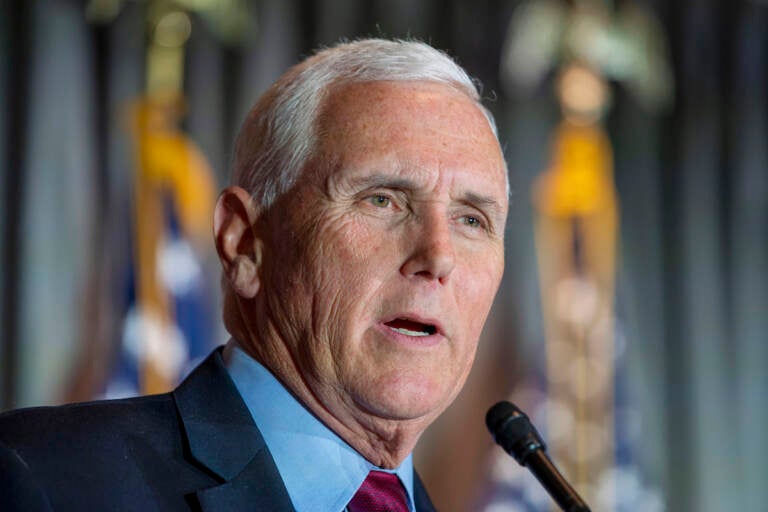 File photo: Former Vice President Mike Pence speaks at a Coolidge and the American Project luncheon in the Madison Building of the Library of Congress, Feb. 16, 2023, in Washington