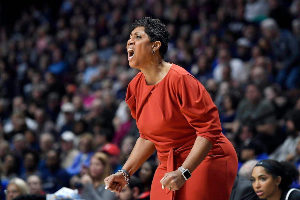 File photo: Cincinnati's Michelle Clark-Heard calls out to her team during the first half of an NCAA college basketball game in the American Athletic Conference tournament finals against Connecticut at Mohegan Sun Arena, Monday, March 9, 2020, in Uncasville, Conn