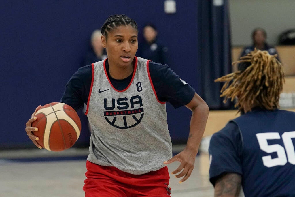 File photo: Team USA player Angel McCoughtry (8) drives during a spring training practice session, Friday, April 1, 2022, in Minneapolis