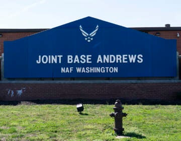 The sign for Joint Base Andrews is seen on March 26, 2021, at Andrews Air Force Base