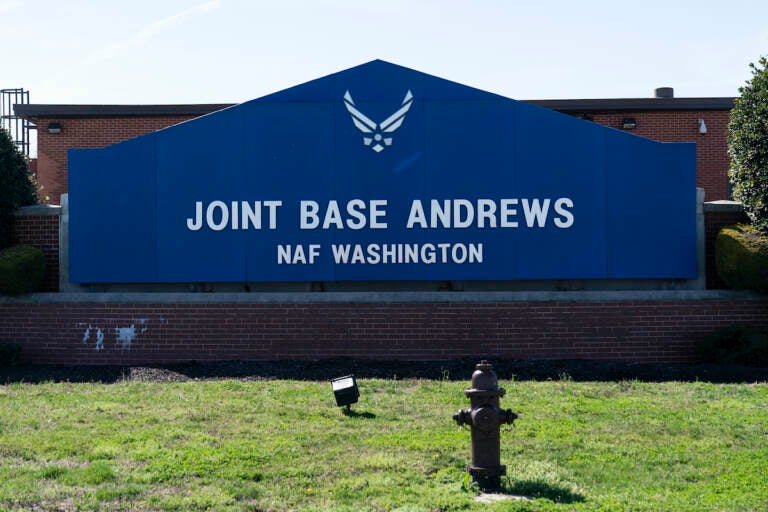 The sign for Joint Base Andrews is seen on March 26, 2021, at Andrews Air Force Base