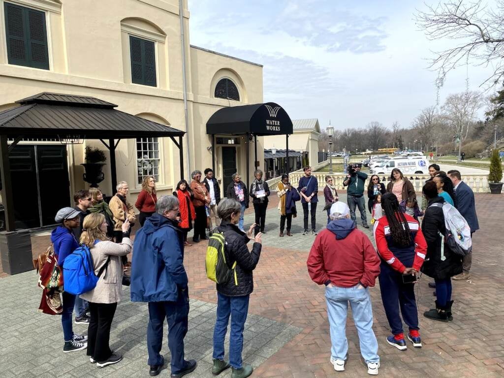 Visitors gather at the Fairmount Water Works Interpretive Center for the U.N. River Walk