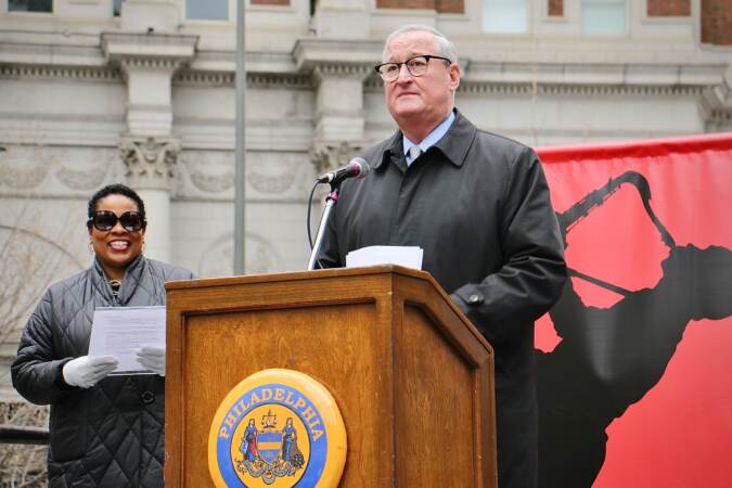 Philadelphia Mayor Jim Kenney and Kelly Lee of the Office of Arts Culture and the Creative Economy kick off Philly Celebrates Jazz 2023, which features more than 100 jazz-related events across the city