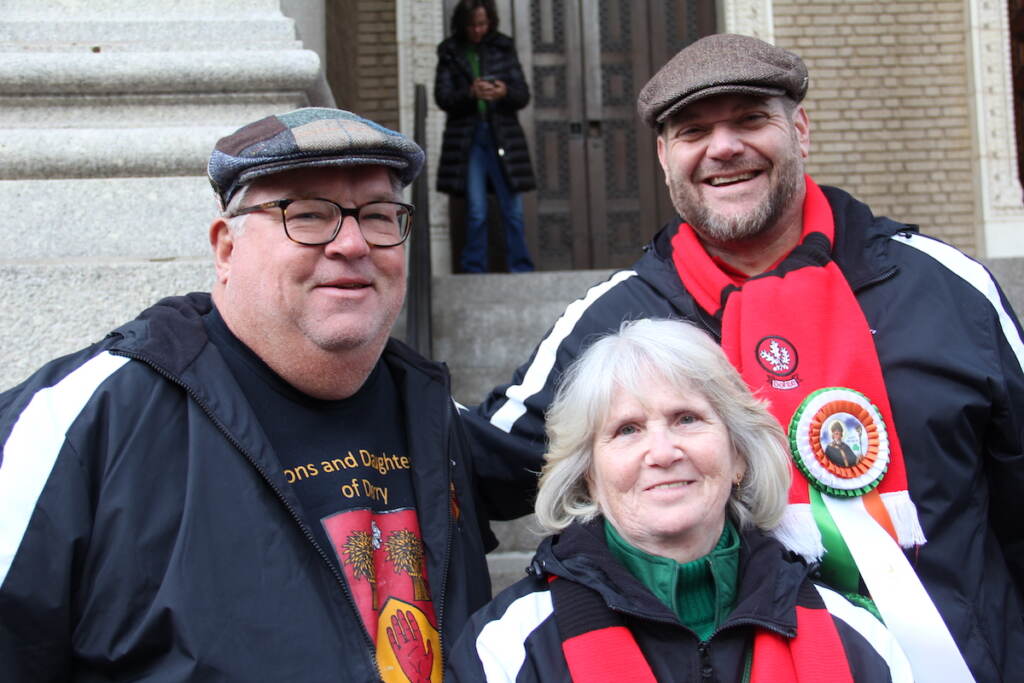 Jack Bolger, Rosaleen Rotundi, and David Ireland (left to right) of the Derry Society of Philadelphia met up outside of St. Patrick Church on Mar. 12, 2023 before mass