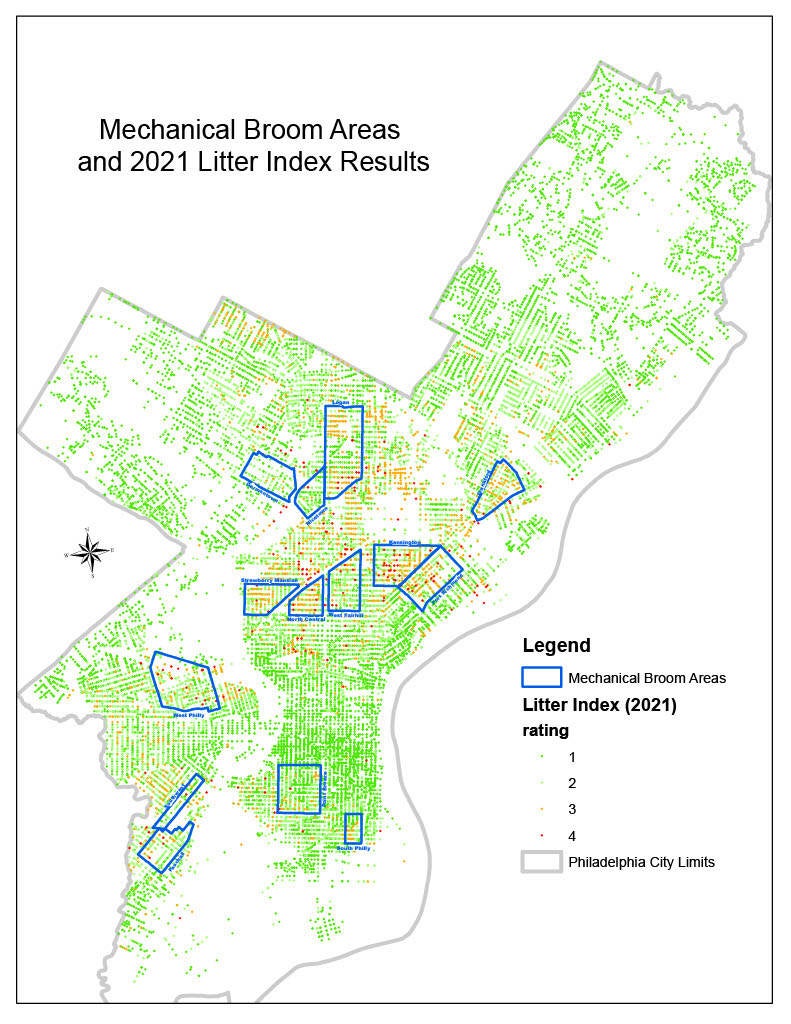 The 2023 street sweeping areas on top of the city's litter index, using data collected in 2021