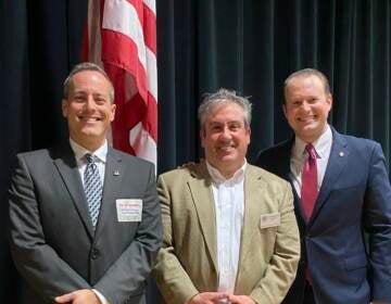 Republican candidate for commissioner David Sommers (left), Republican Committee of Chester County chairperson Raffi Terzian (center), and commissioner candidate Eric Roe pose at the Chester County GOP endorsement convention.