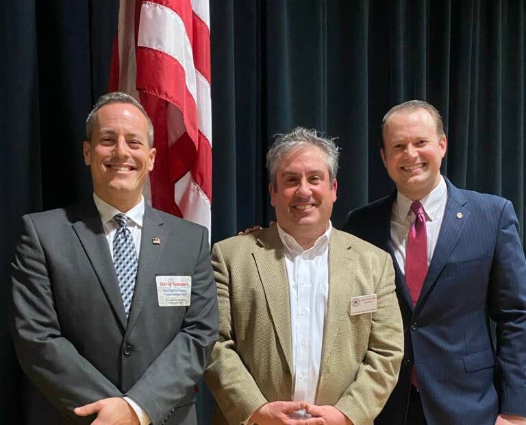 Republican candidate for commissioner David Sommers (left), Republican Committee of Chester County chairperson Raffi Terzian (center), and commissioner candidate Eric Roe pose at the Chester County GOP endorsement convention.