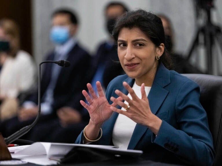 Lina Khan, nominee for Commissioner of the Federal Trade Commission (FTC), speaks during a Senate Committee on Commerce, Science, and Transportation confirmation hearing, Wednesday, April 21, 2021 on Capitol Hill in Washington