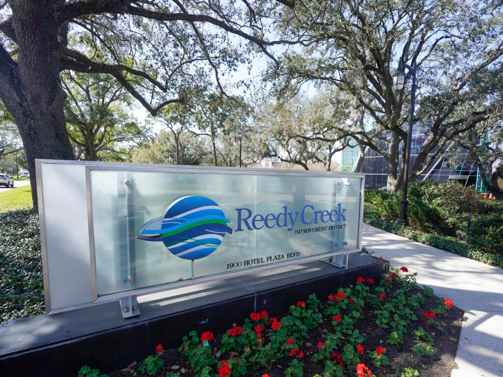 A sign near the entrance of the Reedy Creek Improvement District administration building is seen on Feb. 6, 2023, in Lake Buena Vista, Fla