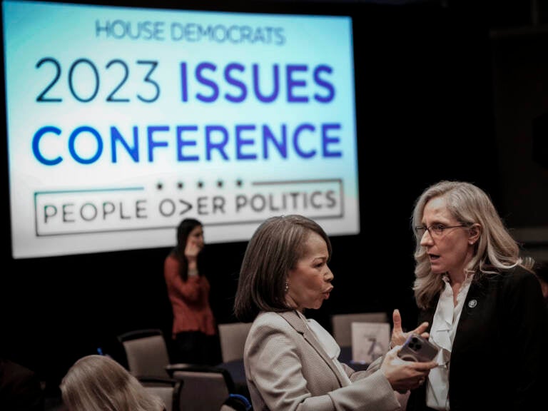 Two people talk in the foreground. A sign in the background reads: House Democrats 2023 Issues Conference.