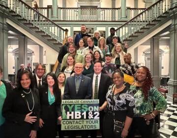 A group of people supporting legalization of marijuana are gathered in the Delaware State Capitol.