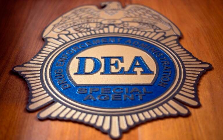 An upclose image of a badge that reads DEA.