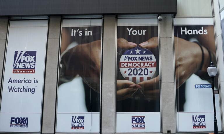 Former Fox producer Abby Grossberg is alleging the network's attorneys pressured her to portray the network in a favorable light in testimony about what happened after the 2020 election. Here, a display outside the Fox News headquarters in New York in July 2020.