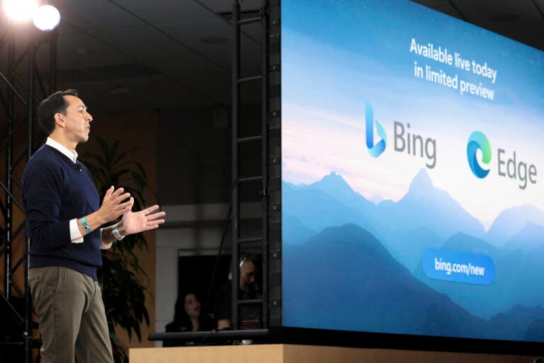 Yusuf Mehdi, Microsoft corporate vice president of modern Llife, search, and devices speaks during an event introducing a new AI-powered Microsoft Bing and Edge at Microsoft in Redmond, Wash., earlier this month. Jason Redmond /AFP via Getty Images