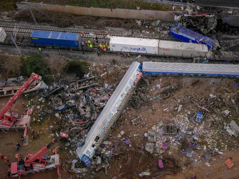 Emergency crews continue to search through the wreckage after a train accident in the Tempe Valley near Larissa, Greece on Tuesday evening. At least 43 people were killed