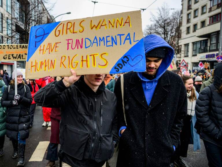 Protesters march in Berlin to mark International Women's Day on Wednesday