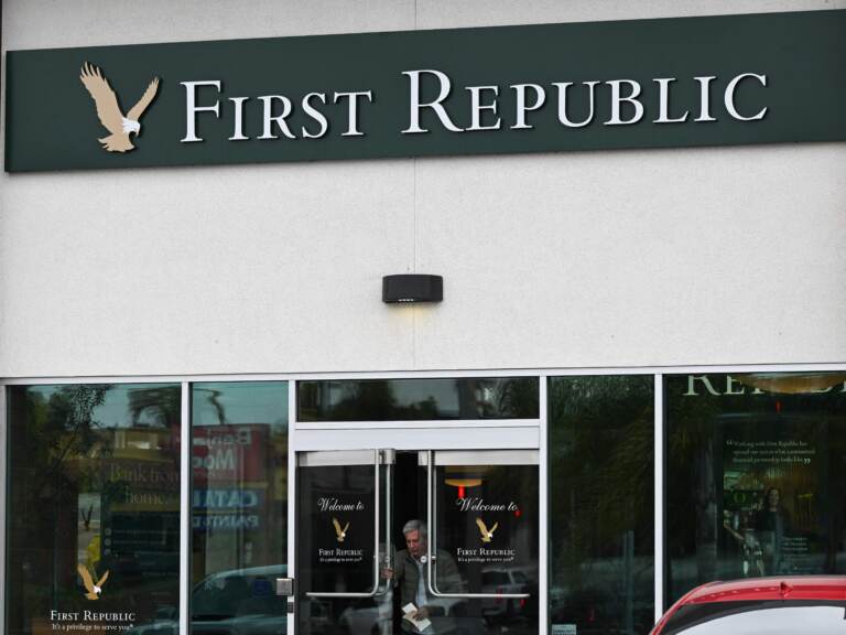 A customer exits a First Republic Bank branch in Manhattan Beach, Calif., on March 13, 2023. The midsized lender was rescued by a group of top banks after suffering an exodus of depositors following the collapse of two U.S. banks. (Patrick T. Fallon/AFP via Getty Images)