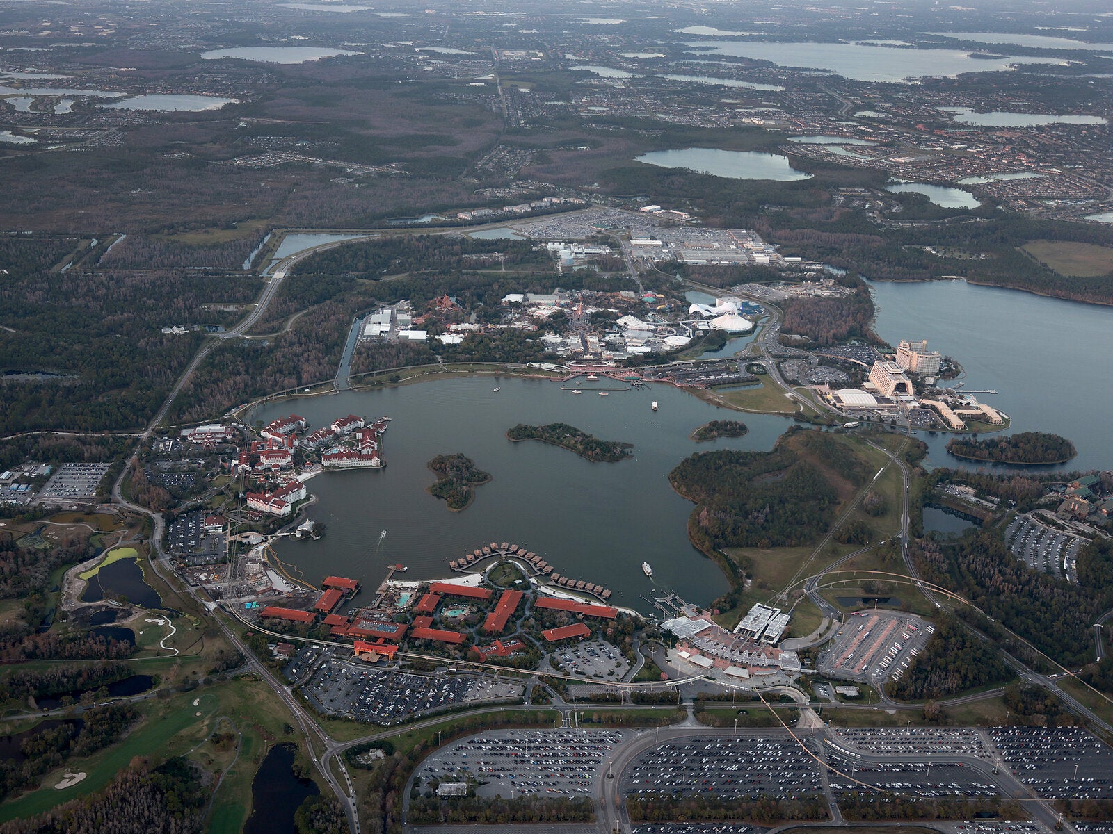 The Walt Disney World resorts and surrounding district, seen in an aerial view 