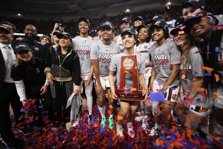 The South Carolina Gamecocks celebrate after their Monday night win over Maryland